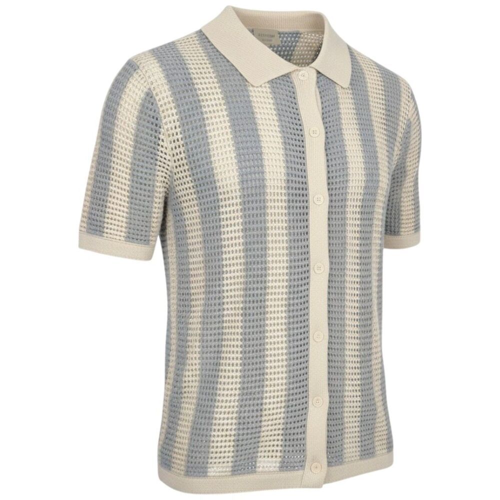 NWT Massive Luxury Knit Crochet Striped Button Down Shirt Gray/Cream Medium